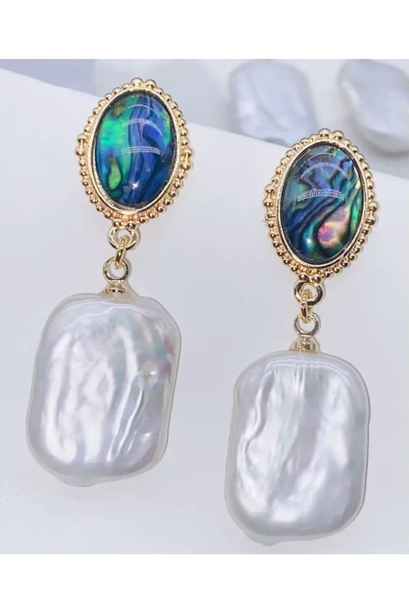 Natural White Freshwater Pearl Abalone Shell Earrings