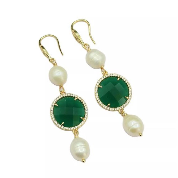 EOEMY Natural White Freshwater Rice Pearl Coin Green Jade Dangle Cz Hook Earrings