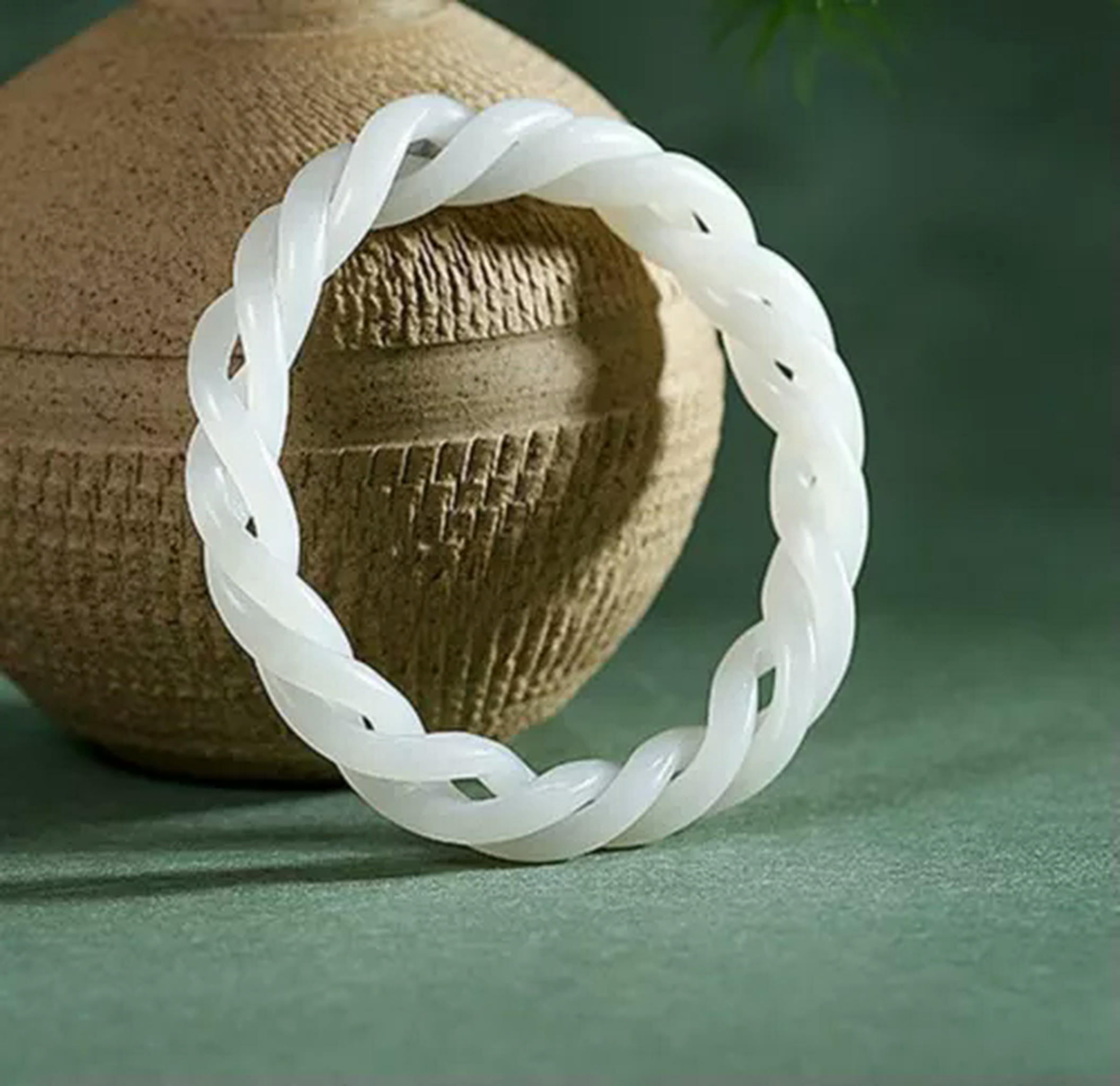 EOEMY Natural White Jade Bangle Women Lucky Hollow Spiral Twist Bracelet
