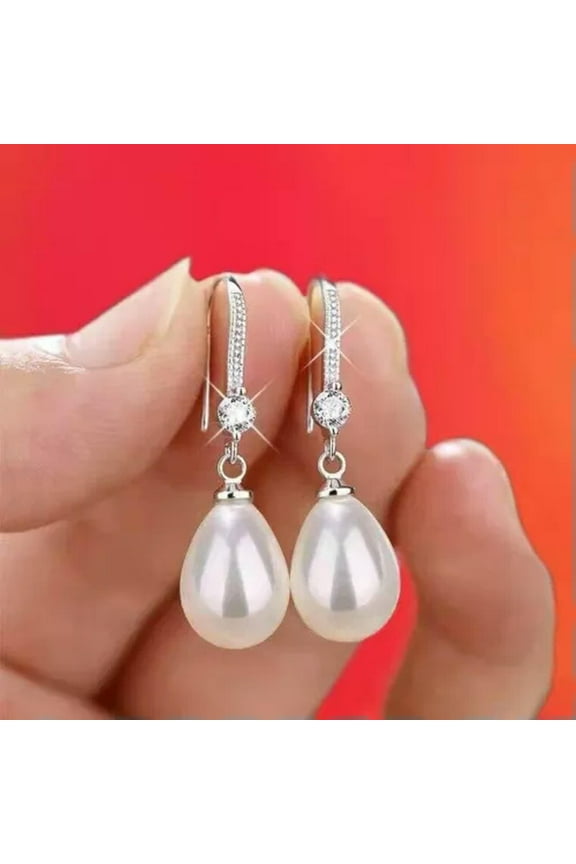 New 925 Silver Water Tear Drop Pearl Crystal Dangle Earrings For Womens Jewelry-White