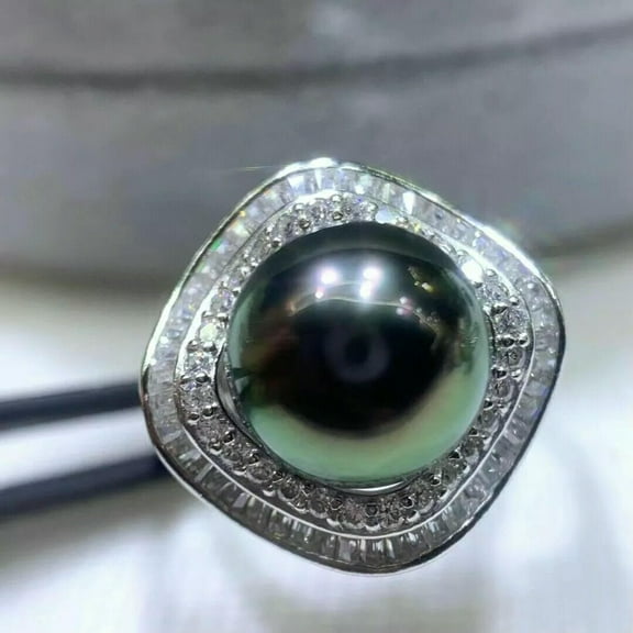 EOEMY New Aaaa 10-11 mm Round Natural South Sea Black Pearl Ring 925S