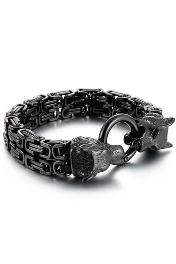 New Boys Mens Stainless Steel Byzantine Chain Link Wolf Bracelet 7.48"8.26"8.66"-Black-7.48Inch Or 19Cm