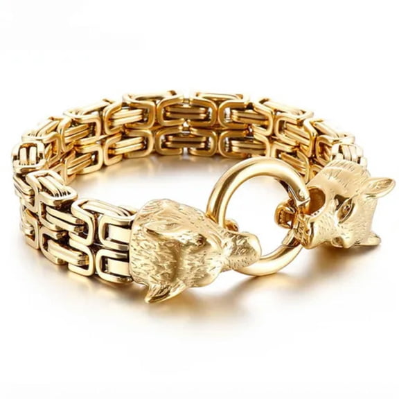 EOEMY New Boys Mens Stainless Steel Byzantine Chain Link Wolf Bracelet 7.48"8.26"8.66"-Gold-8.26Inch Or 21Cm