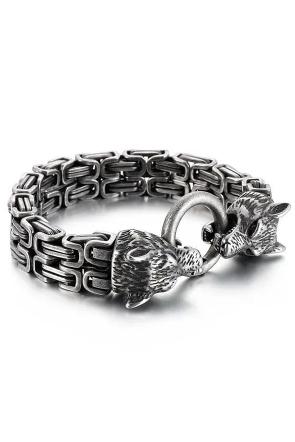 New Boys Mens Stainless Steel Byzantine Chain Link Wolf Bracelet 7.48"8.26"8.66"-Retro Black-8.26Inch Or 21Cm