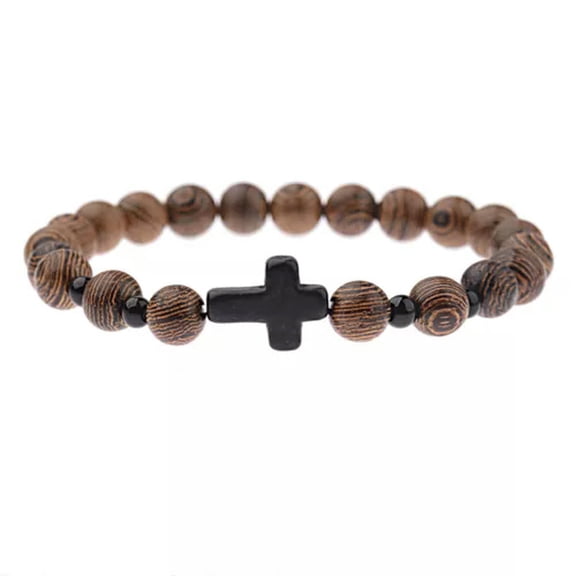 EOEMY New Hematite Cross Wooden Bracelets Stretchy Bracelet Beads Wooden For Men Women-#1