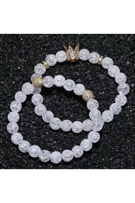 New Luxury Women Crystal Beads Micro Pave Cz King Crown & Balls Charm Bracelets-Gold Plated (1 Set)