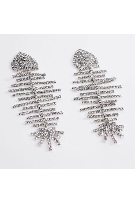 New Rhinestone Earrings Exaggerated Nightclub Fishbone Earrings-Silver