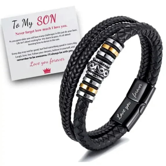 EOEMY New To My Son Love You Forever Leather Braided Bracelet Wristband + Gift Card-Black-7.8 In/20 Cm