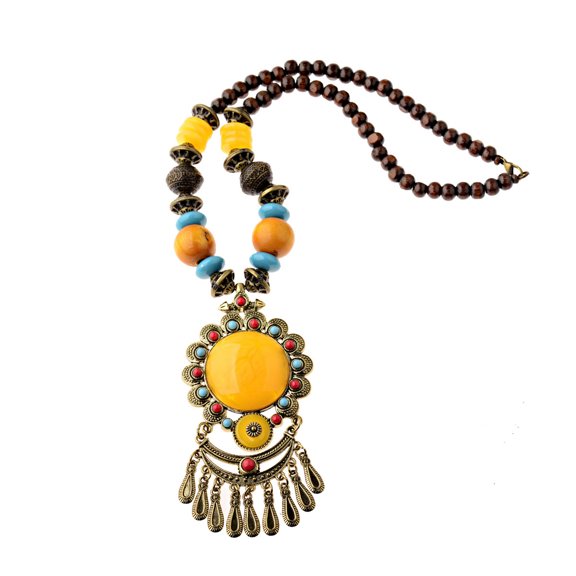 EOEMY New Vintage Ethnic Jewelry Dance Pendant Wood Beaded Sweater Chain Long Necklace-008-2