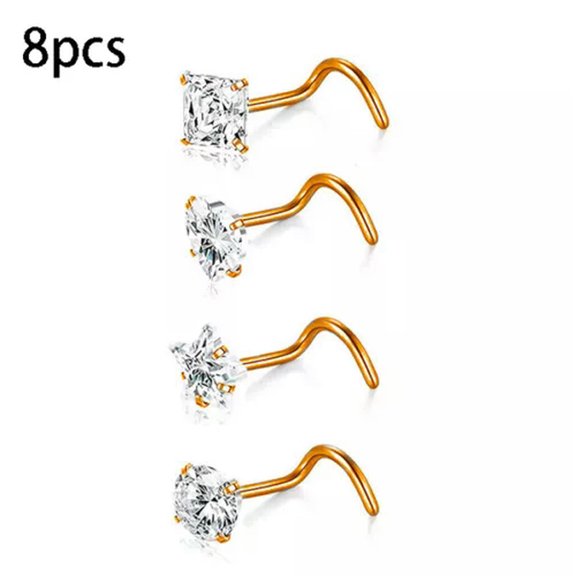 EOEMY Nose 8Pcs Mix S Piercing Shaped Color Steel Cz Surgical Rings Stud / Jewelry-Rose Golden