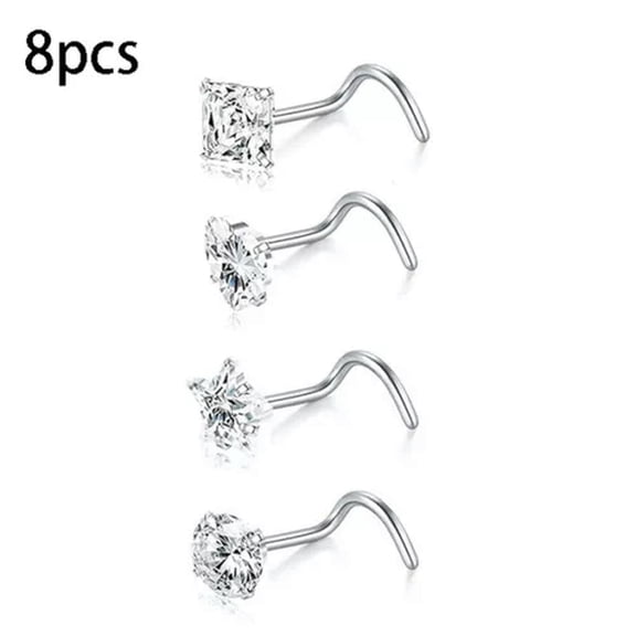 EOEMY Nose 8Pcs Mix S Piercing Shaped Color Steel Cz Surgical Rings Stud / Jewelry-Silver