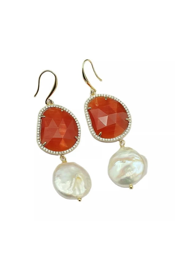 Orange Cat Eye Cz Paved White Keshi Coin Pearl Dangle Hook Earrings For Women