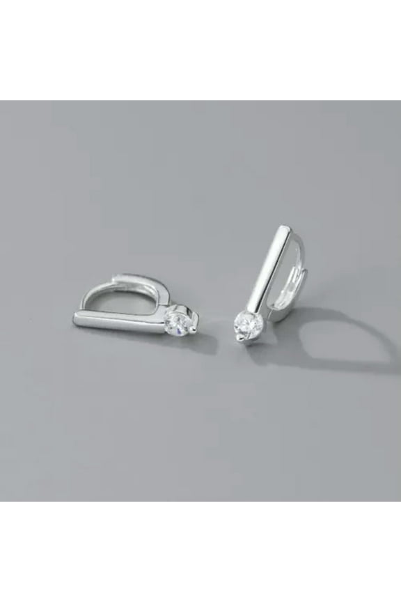 Pair 925 Sterling Silver Crystal D Shape Hoop Huggie Earrings Women Gift-Silver