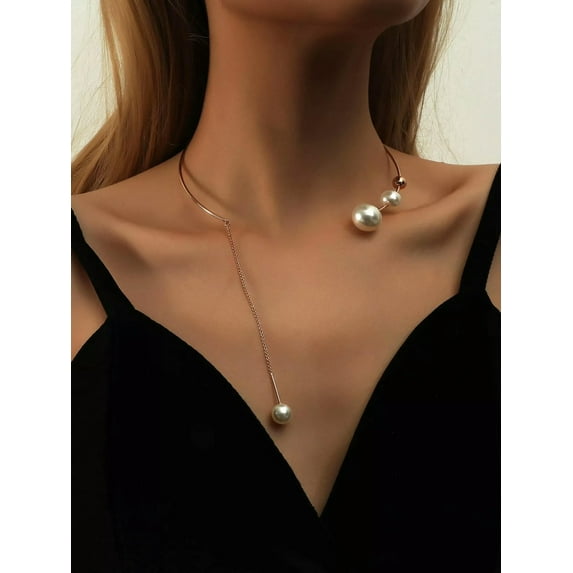 EOEMY Pearl Decor Cuff Open Choker For Women Jewelry For Women Necklace Accessories-Default