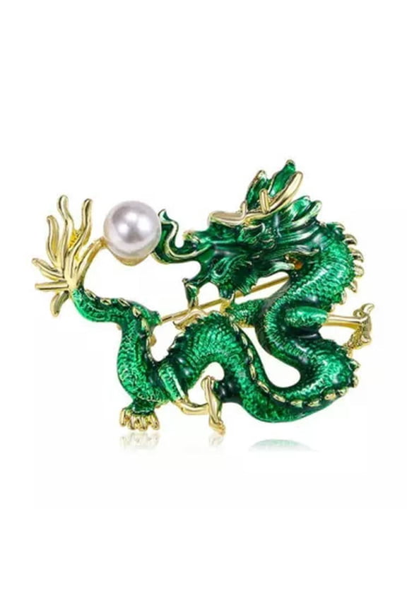 Pearl Enamel Dragon Retro Brooch Pin Corsage Dragon Year Jewelry Women Men Gift-Green