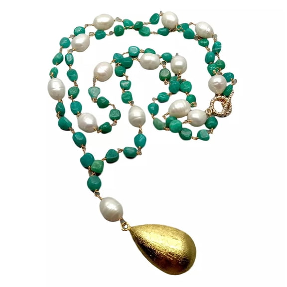 EOEMY Peruvian Amazonite White Rice Pearl Necklace Teardrop Brushed Bead Pendant 21"