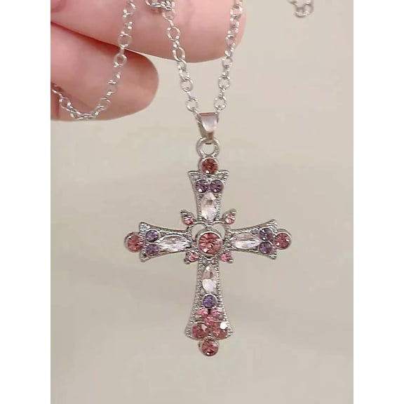 EOEMY Pink Cubic Zirconia Decor Cross Pendant Necklace For Women Jewelry For Women-Default