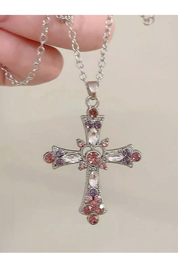 Pink Cubic Zirconia Decor Cross Pendant Necklace For Women Jewelry For Women-Default