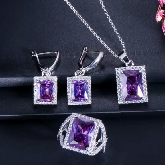 EOEMY Pink Cz Square Pendent Necklace Earring And Ring White Gold Plated Jewelry Set