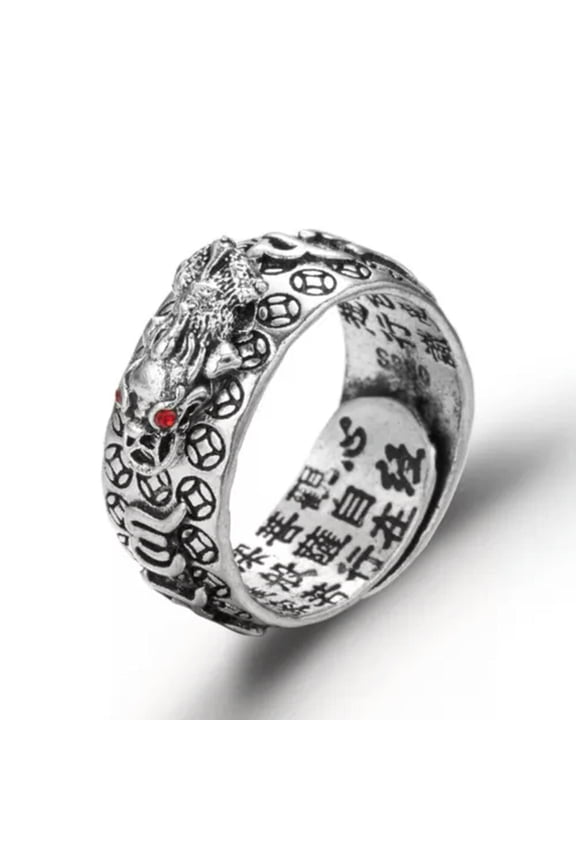 Pixiu Feng Shui Amulet Wealth Good Luck Open Ring Buddhist Jewelry Adjustable-2# Silver