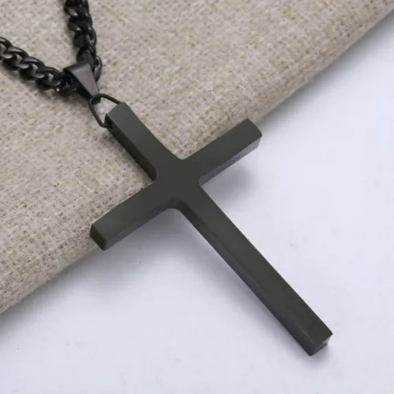 EOEMY Polished Big Cross Pendant Necklace 316L Stainless Steel Men Women Cuban Chain-Black-32Inch Or 81Cm