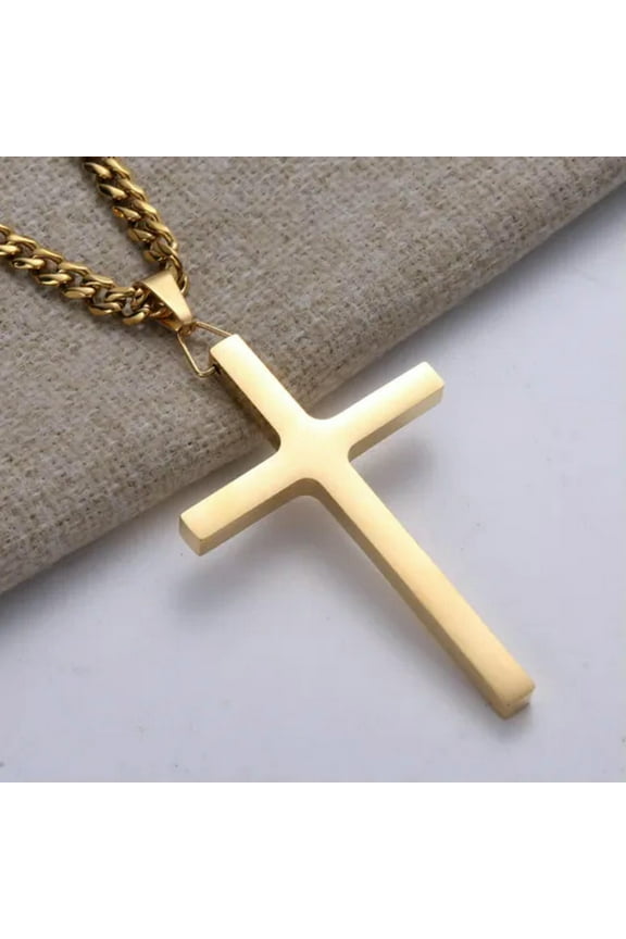 Polished Big Cross Pendant Necklace 316L Stainless Steel Men Women Cuban Chain-Gold-20Inch Or 50Cm