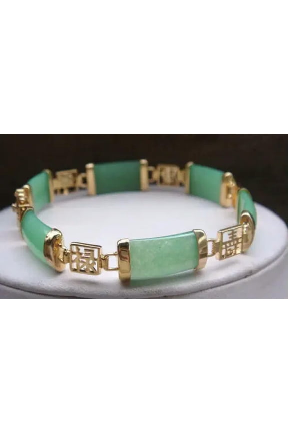 Pretty Natural Green Jade Gemstone Gold Plated Fortune Lucky Link Bracelet