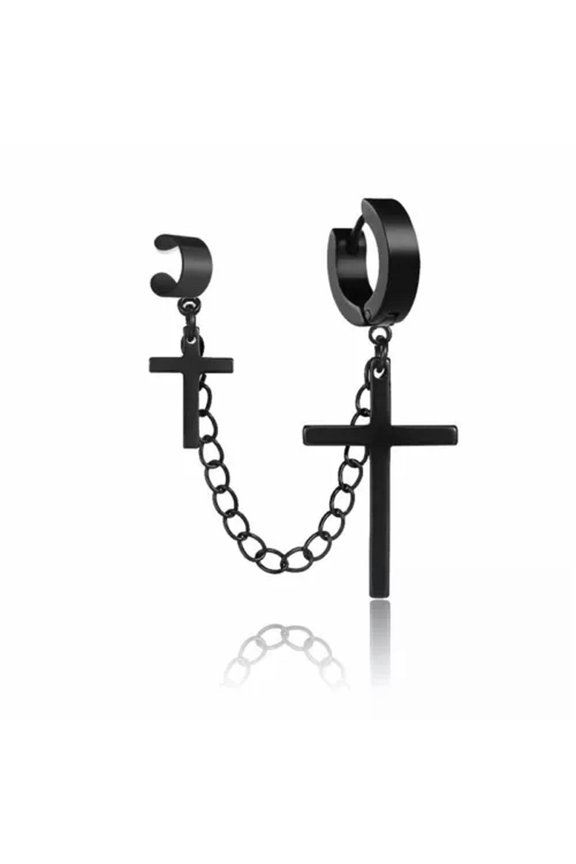 Punk 925 Silver Stainless Steel Cross Hoop Earrings Tassel Stud Men Gothic-#3 Black