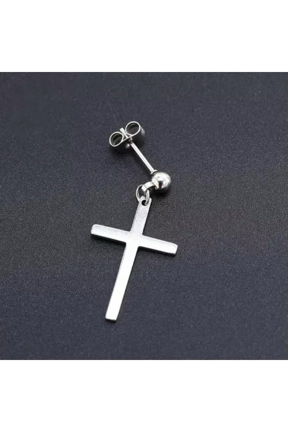 Punk 925 Silver Stainless Steel Cross Hoop Earrings Tassel Stud Men Gothic-#5 Silver
