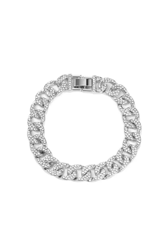 Punk 925 Siver Gold Rhinestone Cuban Link Chain Bracelet Bling Women Men Jewelry-Silver