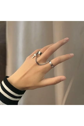 Punk Cool Link Chain Adjustable Two Opening Rings Women Men Cross Finger Rings