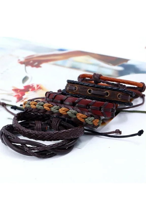 Punk Leather Bracelets Wrap Braided Wristband Cuff Bangle Men‘S Jewelry Gift-6Pcs/Set Men Vintage Woven Bra...