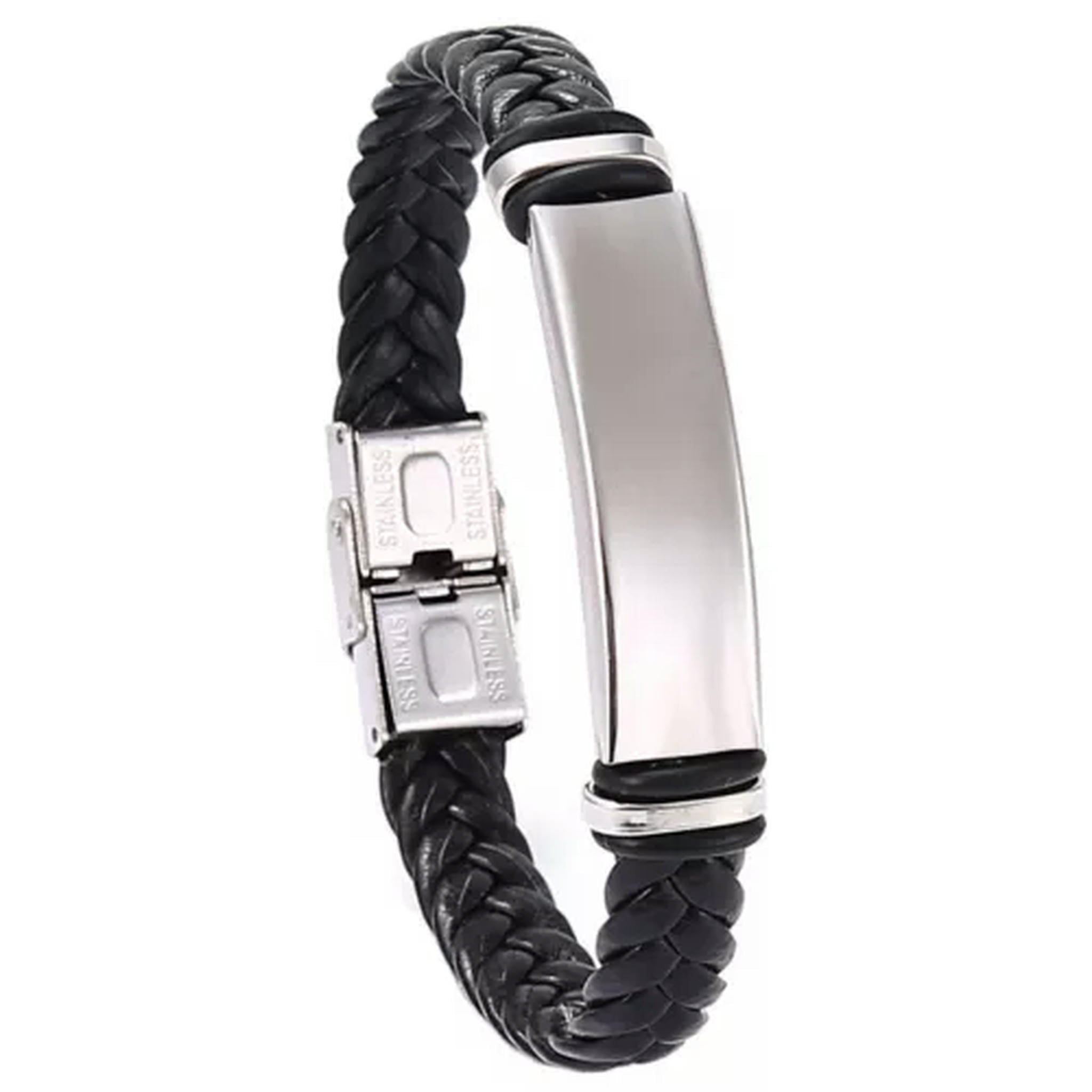 Eoemy Punk Mens Bangles Jewelry Braided Leather Bracelets Black Stainless Steel Clasp Black