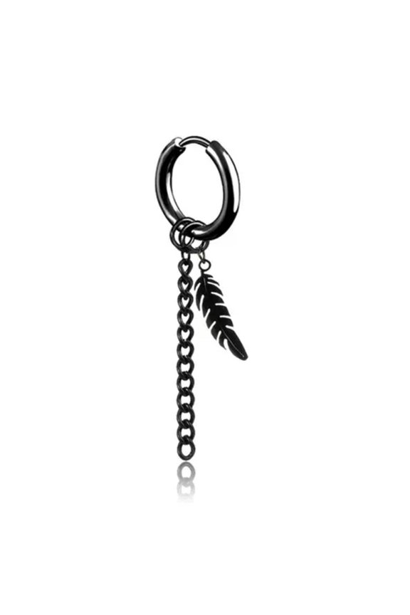 Punk Women Men'S Black Unique Pin Cross Hoop Earrings Ear Stud Dangle Jewellery-Chain Feather1Pc