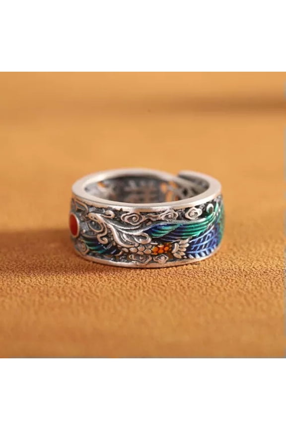 Pure 990 Fine Silver Band Men Women Lucky Hollow Enamel Dragon Phoenix Ring