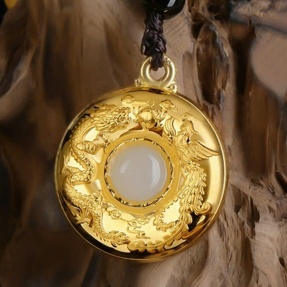 EOEMY Pure Yellow Gold Leaf Natural Jade Dragon Phoenix Lucky Buckle Round Pendant