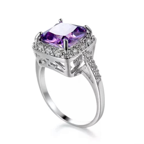 EOEMY Purple Zirconia Princess Cut Band Women'S 925 Silver Wedding Gift Ring Size 6-10