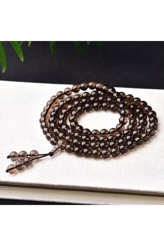Quartz Natural Smoky Crystal 108 Beads Mala Buddhist Prayer Bracelet 8mm