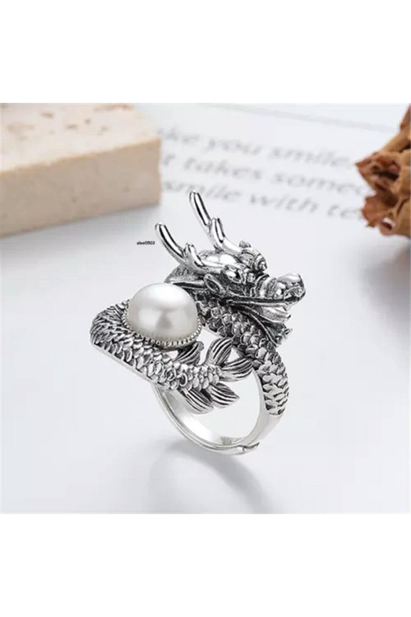 Real 925 Sterling Silver Band Men Lucky Dragon Bead Open Ring 10G Us Size:5-10