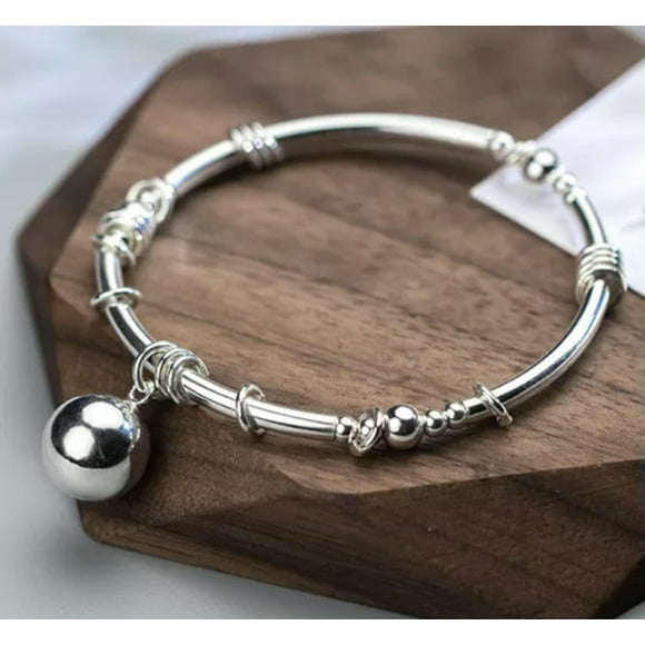 Real 925 Sterling Silver Bangle Women Lucky Glossy Ball Circle Bracelet