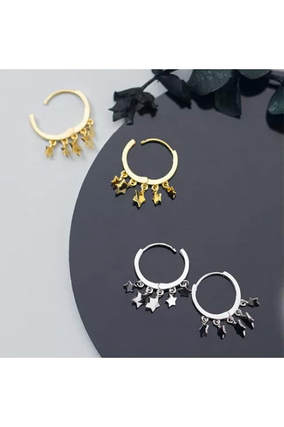 Real 925 Sterling Silver Fancy Hoop Earrings Hoops Pretty Star Decorative-Silver