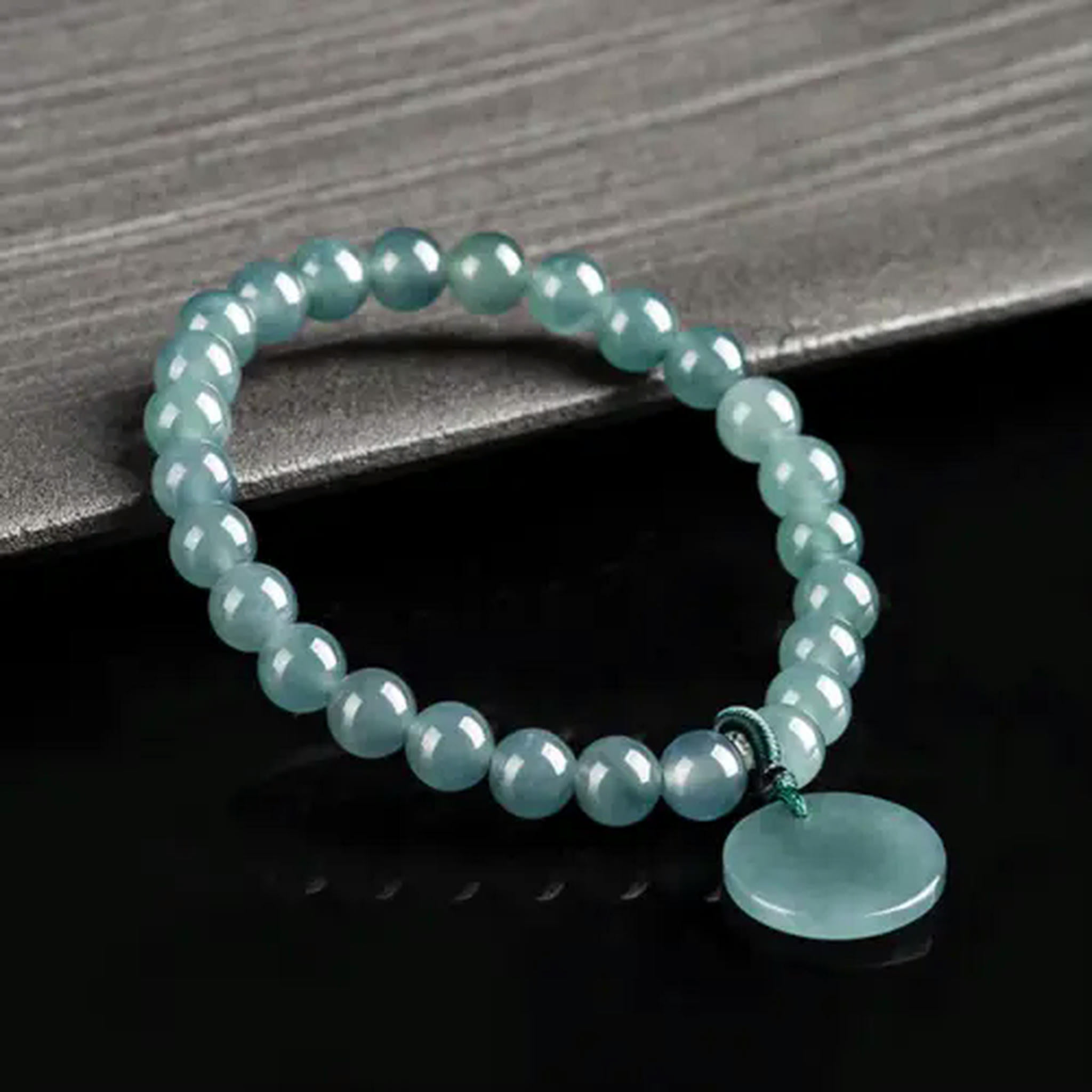 EOEMY Real Grade A Natural Blue Jade Jadeite Women Lucky 6.5mm Smooth Beads Bracelet