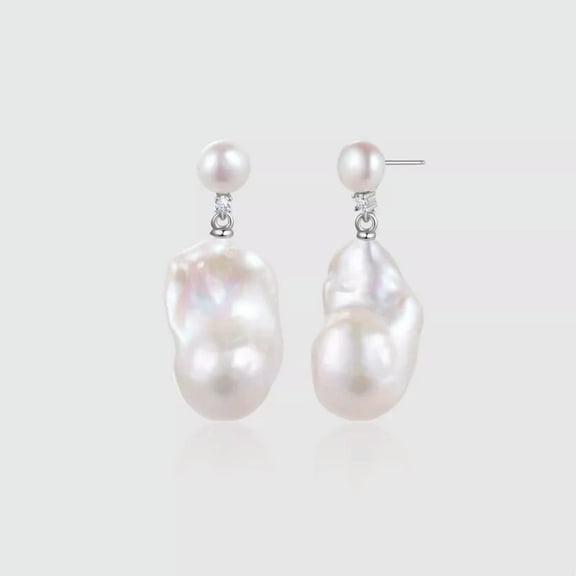 EOEMY Real Natural White Freshwater Baroque Pearl Dangle Silver Stud Earrings