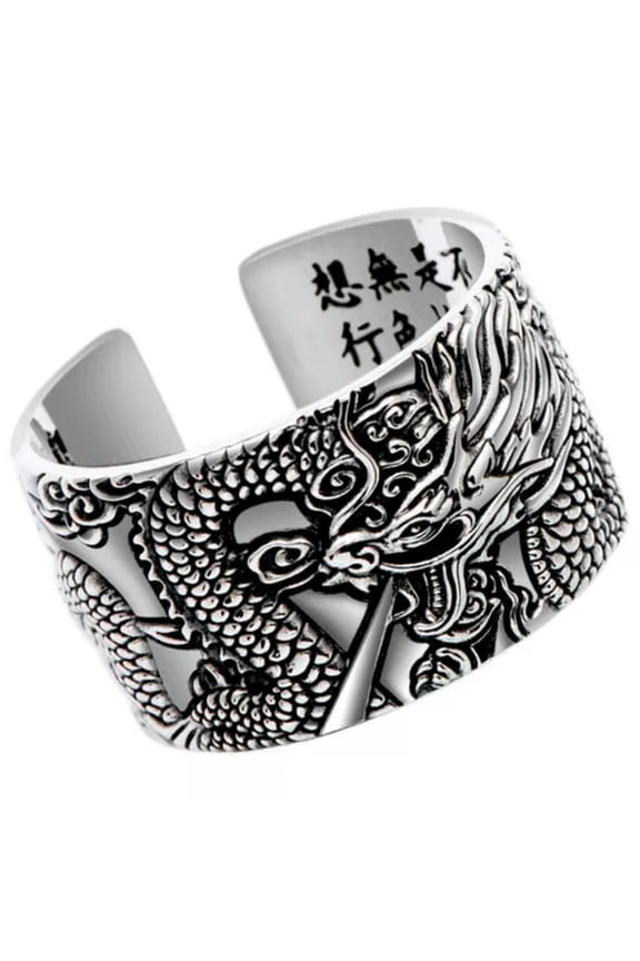 Real Pure S925 Sterling Silver Band Men Gift 13mm Carved Sutra Dragon Open Ring