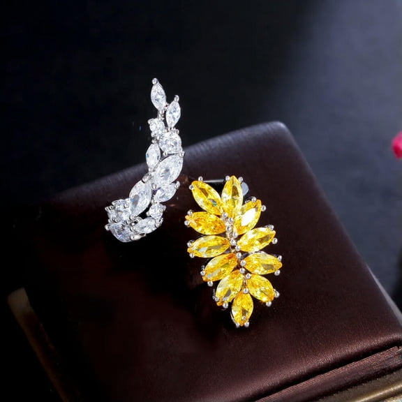 EOEMY Resizable White Gold Plated Yellow Cz Leaf Adjustable Open Cuff Wrap Finger Ring