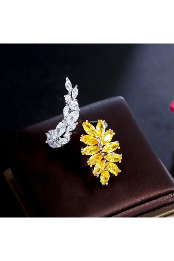 Resizable White Gold Plated Yellow Cz Leaf Adjustable Open Cuff Wrap Finger Ring