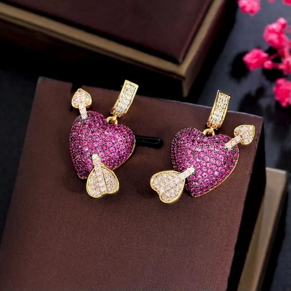 EOEMY Romantic Fuchsia Multi-Tone Gold Plated Cz Heart Arrow Earrings For Christmas