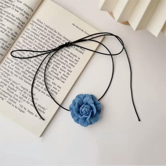 EOEMY Rose Flower Choker Necklaces For Women Elegant Bowknot Rope Chain Accessories Us-Light Blue-S: 5.5Cm