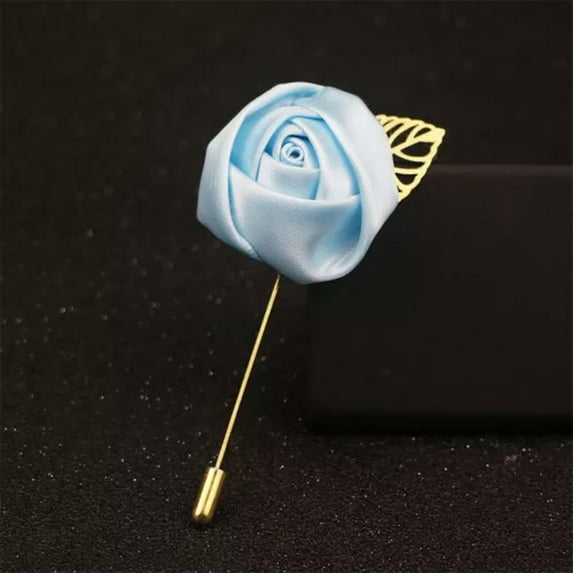 EOEMY Rose Flower Lapel Pin Brooch Pin Mens Womens Suit Fabric Ribbon Wedding Costume-Light Blue