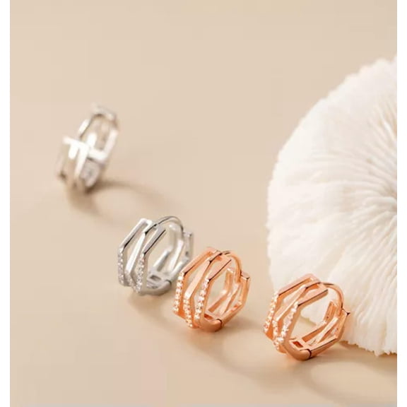 EOEMY Rose Gold Plated 925 Sterling Solid Silver Crystal Hexagonal Hoop Earrings-Silver